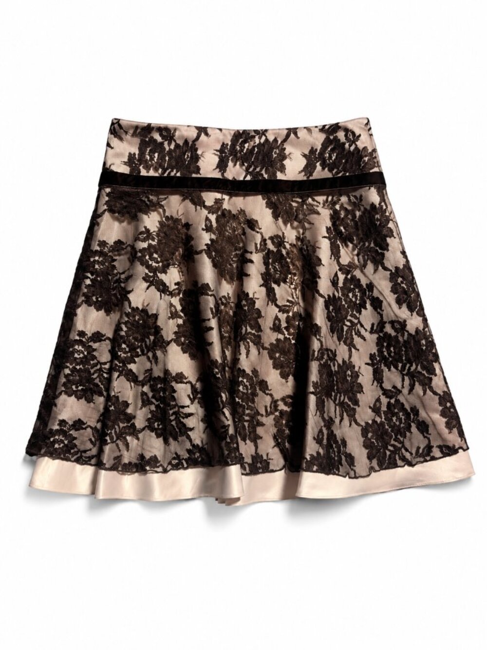 VintageModa International Brown Floral Lace Side Zip A-Line Skirt Women's Size 6
